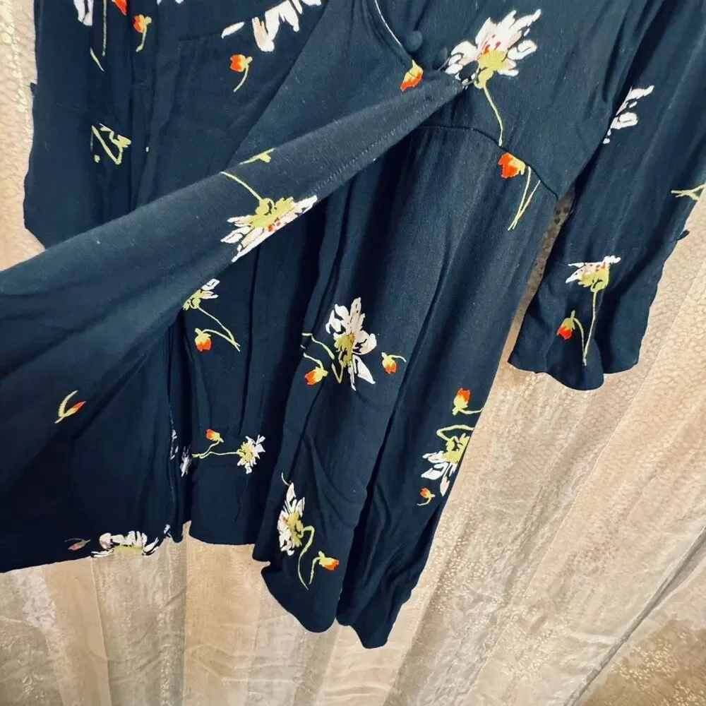 Free People Time On My Side Black Floral Wrap Mini Dress Medium